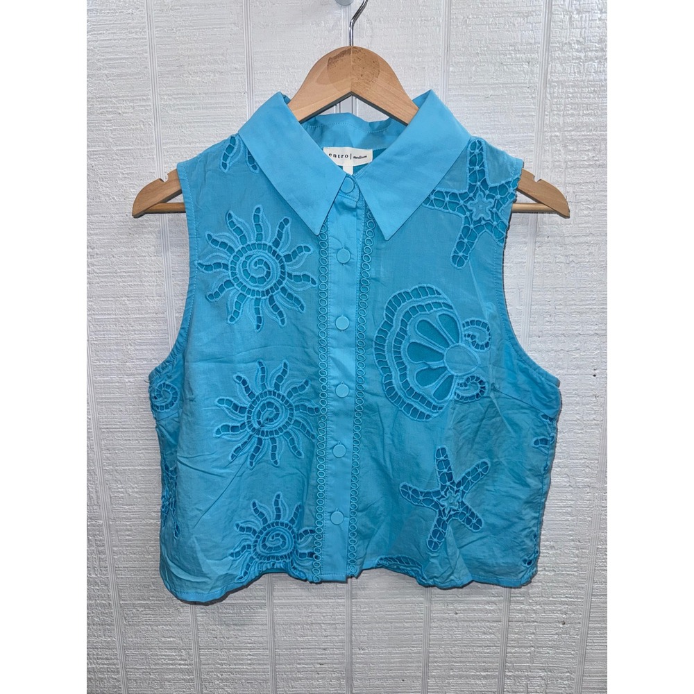 Entro Sleeveless Top Women Blue Coastal Eyelet Sun Starfish Shell Medium NWT
